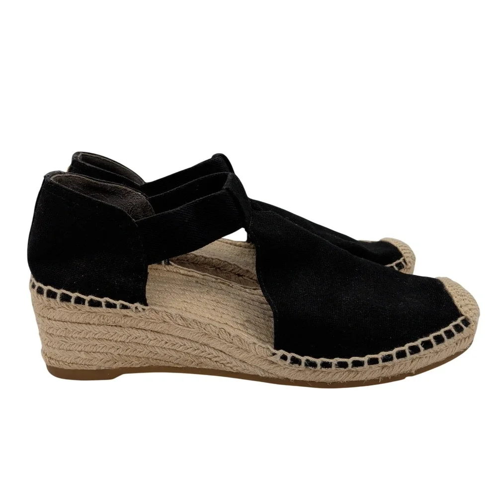 Tory Burch Catalina Black Canvas Espadrille Wedge Sandals Gold Logo Womens 10M